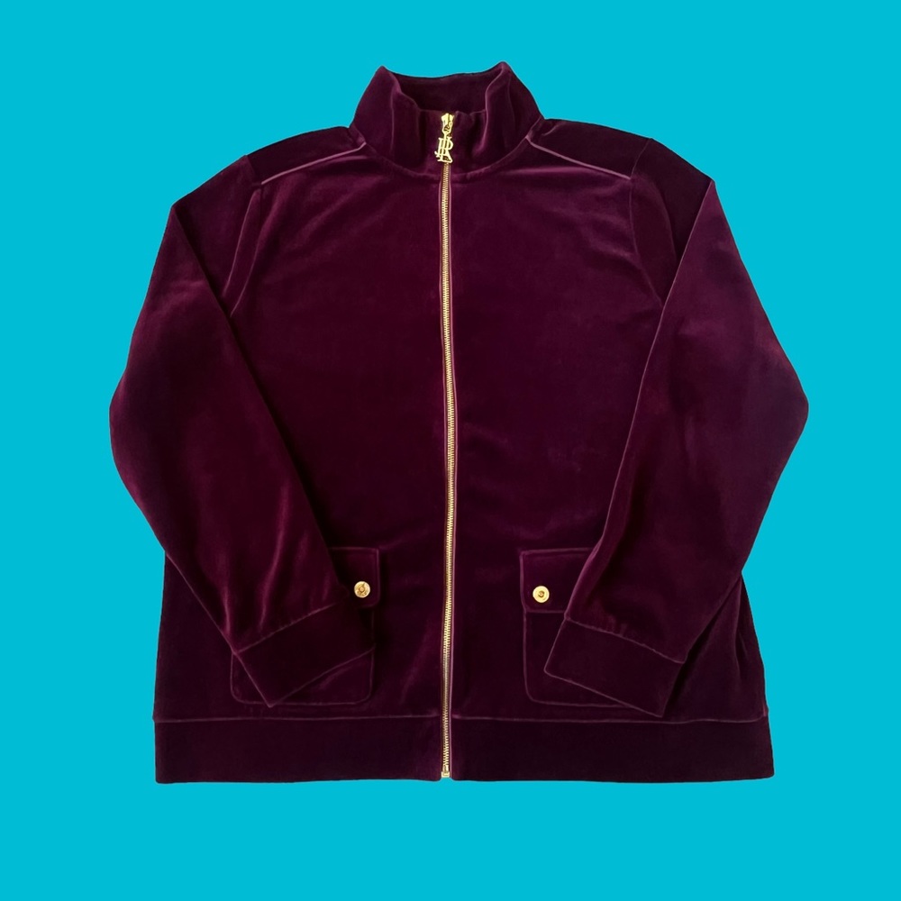 Lauren Ralph Lauren Velvet Zip Sweater Button Pockets Maroon Women Size 1X